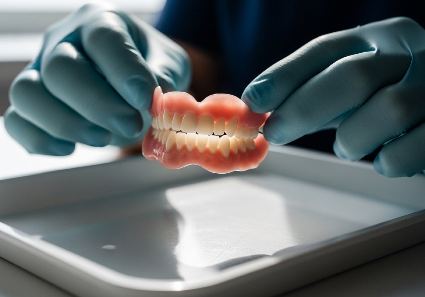 A finished denture held over a clean tray at the Galway lab bench