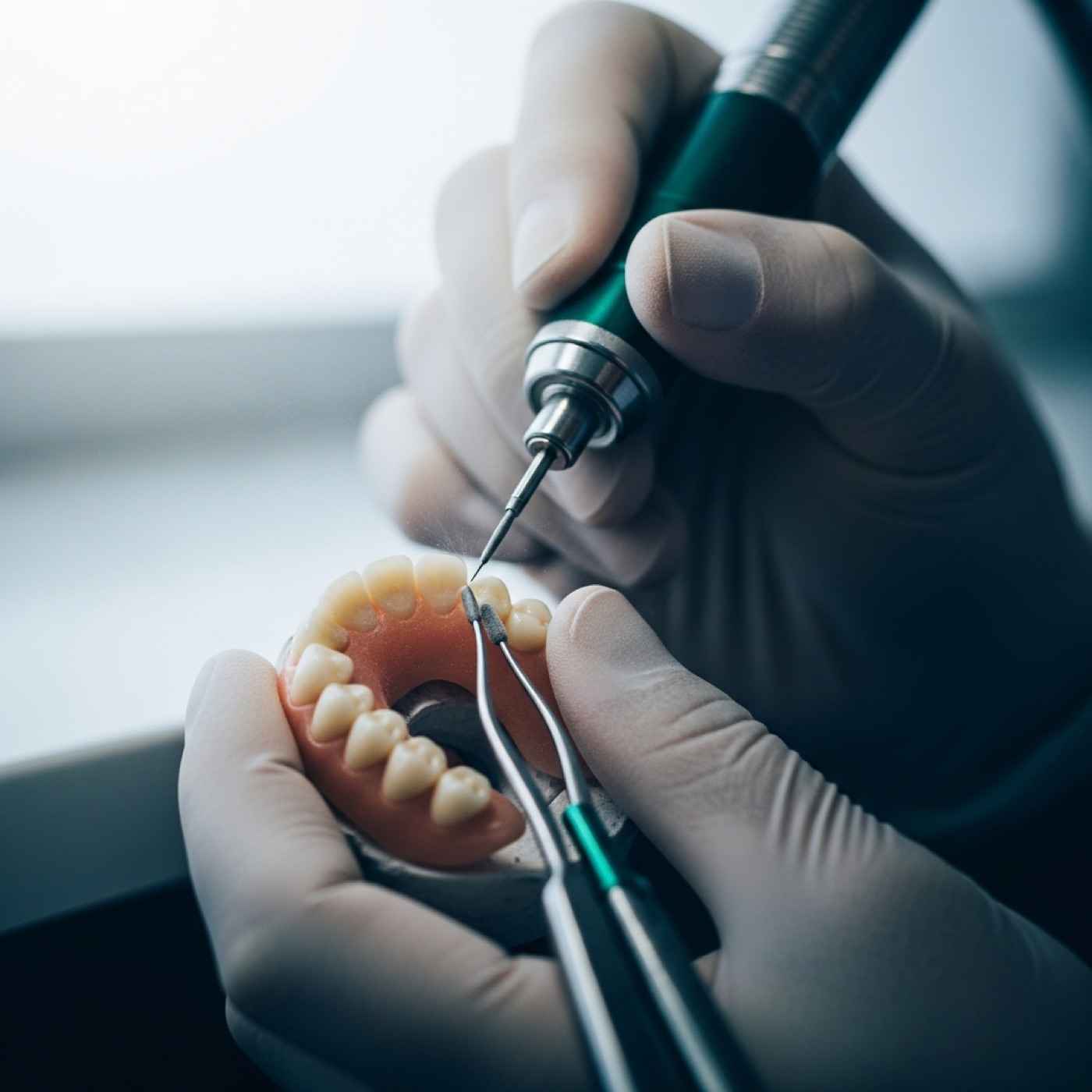 Close macro of a denturist's hands using a fine tool on a denture at the bench