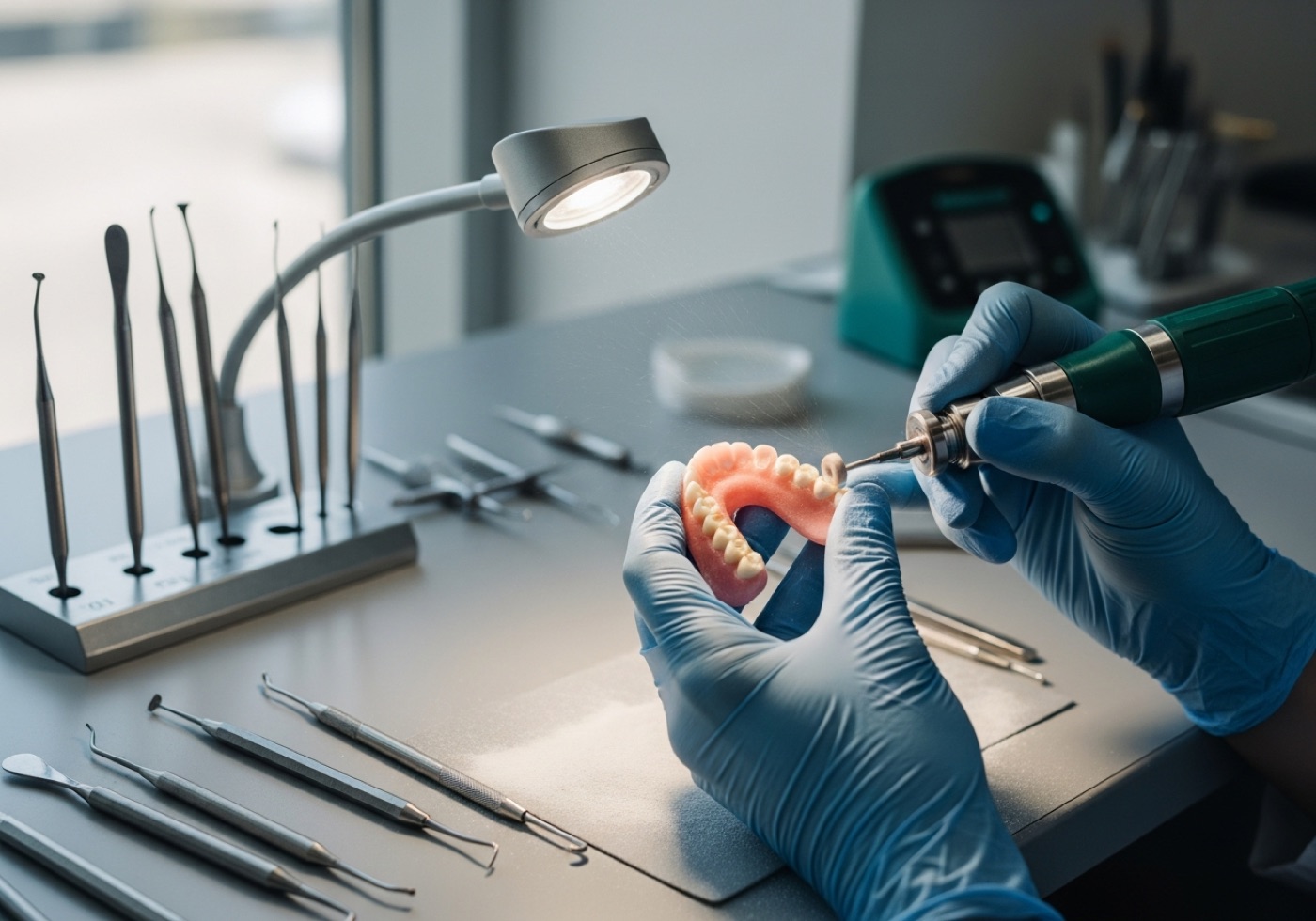 A clinical dental technician's gloved hands shaping a denture at the Galway lab bench